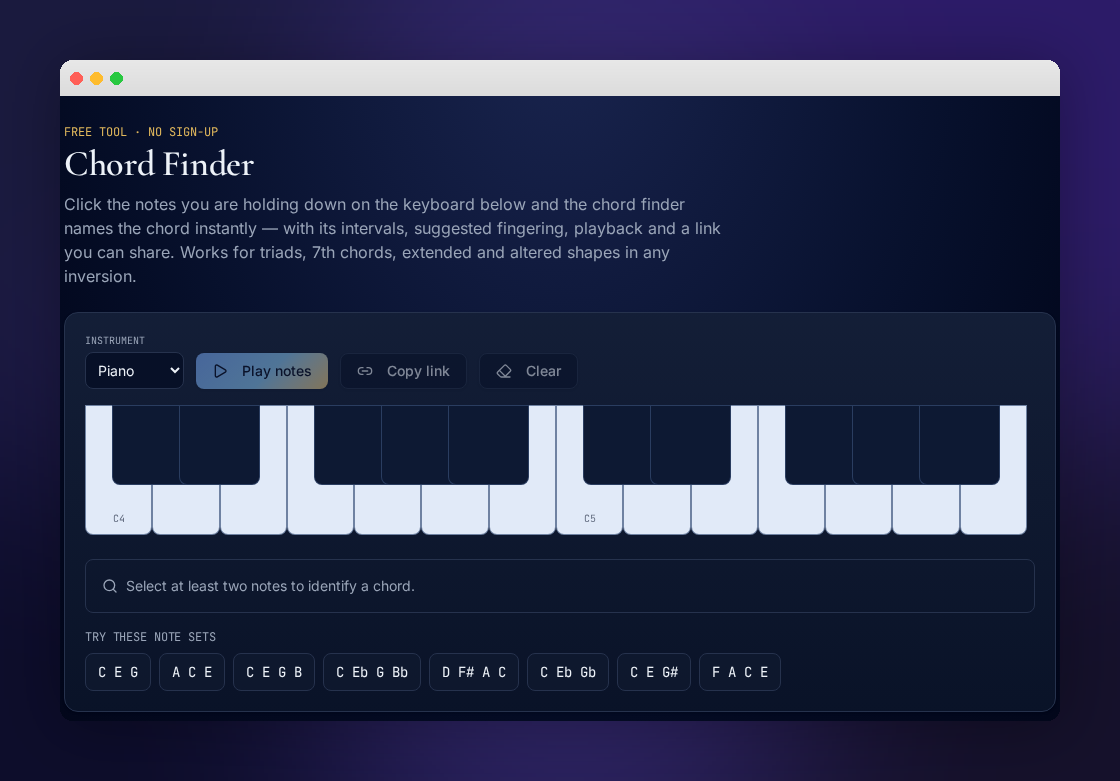 ChordCraft Lab chord finder: a moonlit virtual piano keyboard with instrument picker, playback controls and suggested note sets.